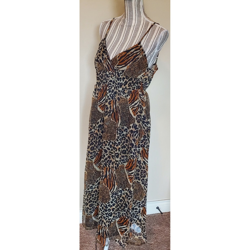 ShesCool‎ Womens Animal Print Maxi Dress Leopard Tiger Smocked Waist Large